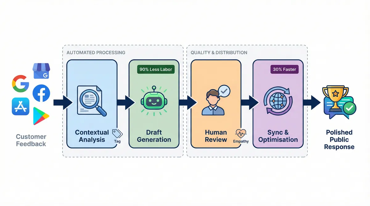 Four-step workflow transforming customer feedback into polished public replies.