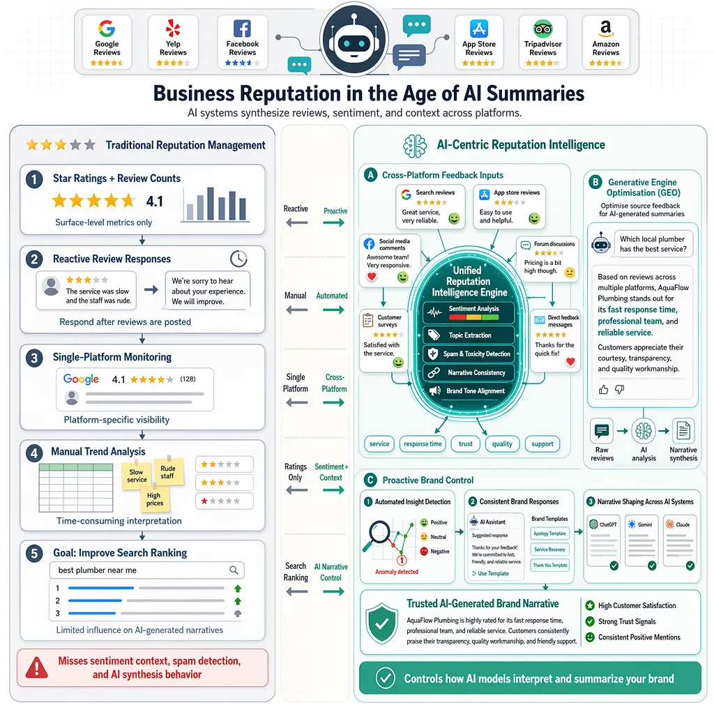 Brand intelligence diagram showing AI summary sources, sentiment analysis, and cross-platform feedback inputs.