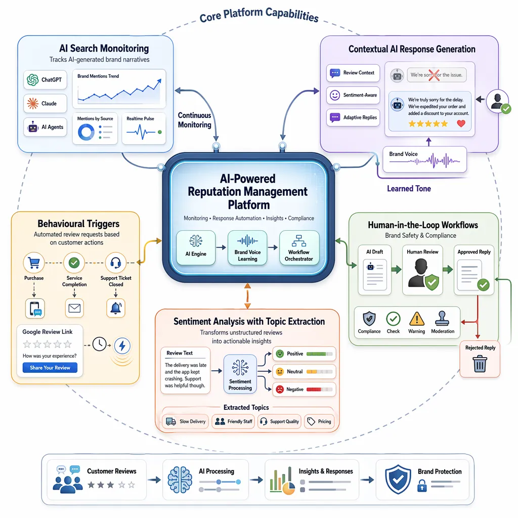 Platform capabilities diagram showing AI monitoring, adaptive replies, trigger-based requests, sentiment insights, and safety approvals.