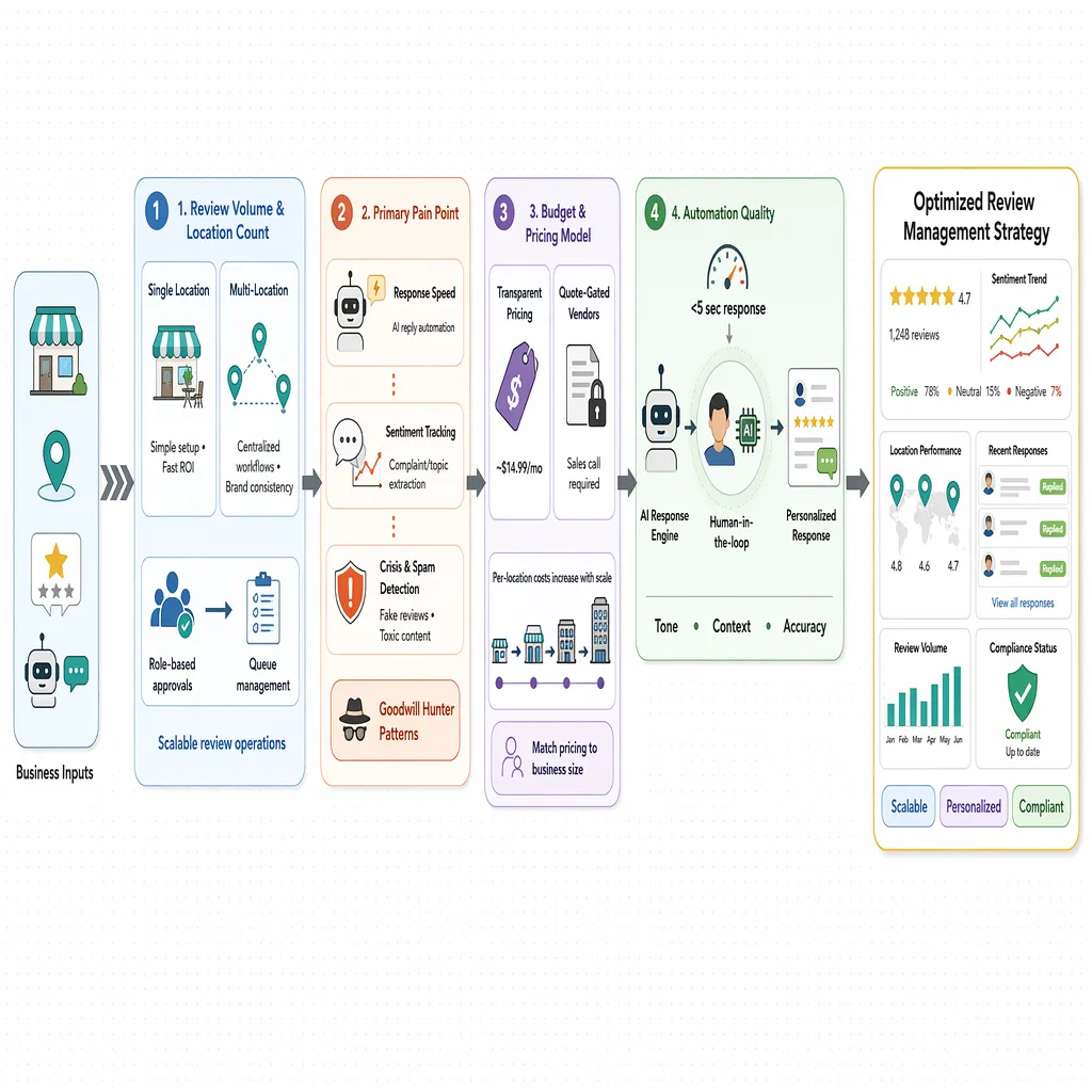 Business profile map showing volume, pain points, budget, automation, and compliance choices.