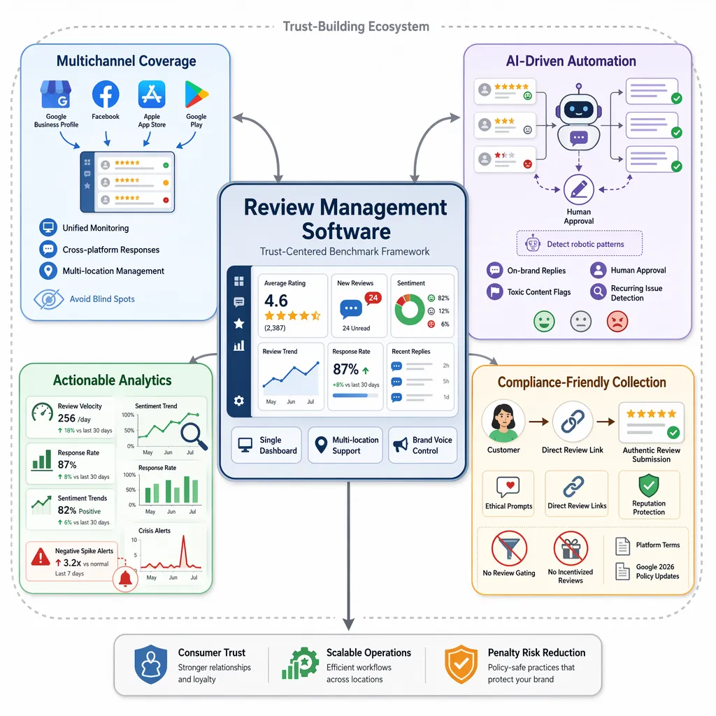 Trust benchmark grid showing multichannel coverage, automation, analytics, and compliance criteria.
