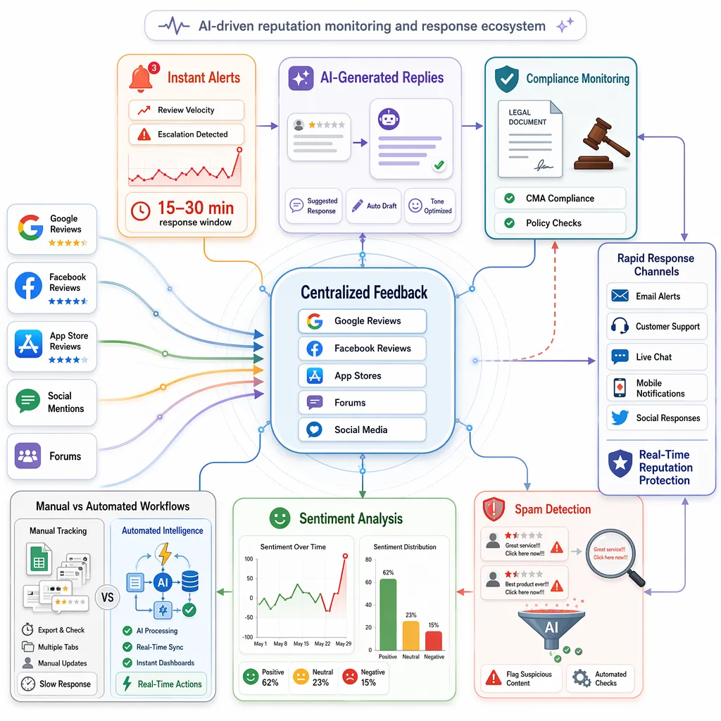 Reputation intelligence dashboard showing alerts, sentiment spikes, and rapid response channels.
