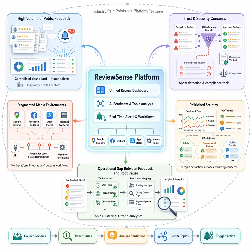 Industry pain points mapped to platform features across feedback-heavy, regulated, and fragmented sectors.