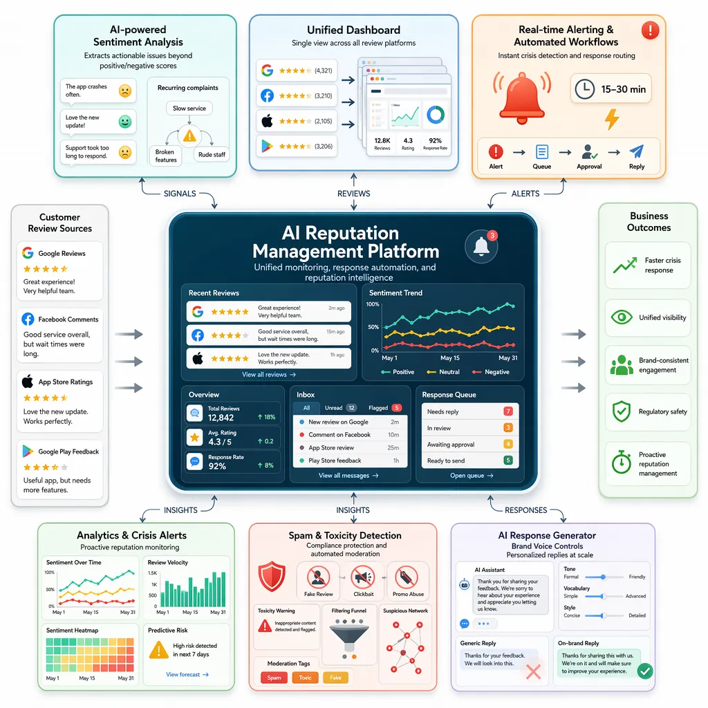 Platform evaluation matrix showing sentiment alerts, unified inbox, and response controls.