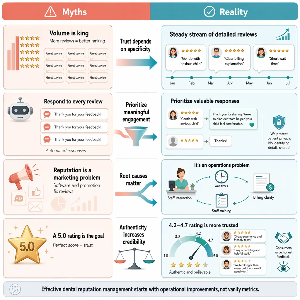 Dental reputation myths and realities shown in a balanced comparison chart.