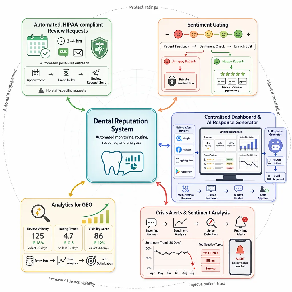 Reputation system showing automated requests, sentiment routing, dashboard, alerts, and analytics.