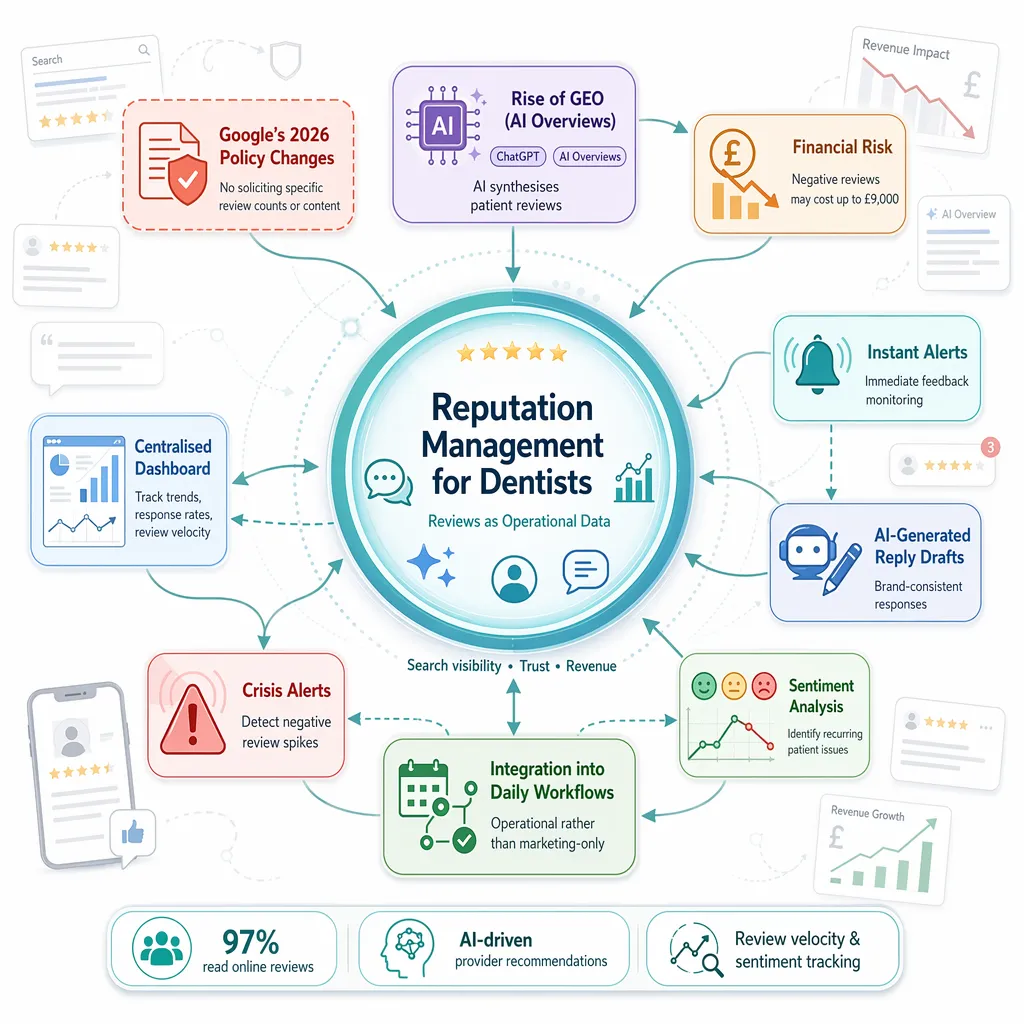 Dental practice reputation map showing search results, star ratings, AI synthesis, and revenue impact.