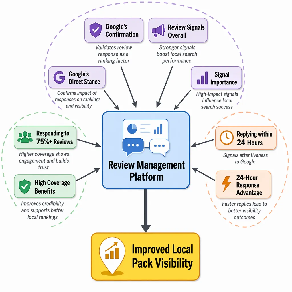 Visibility matrix showing feedback coverage, 24-hour replies, and search prominence gains.