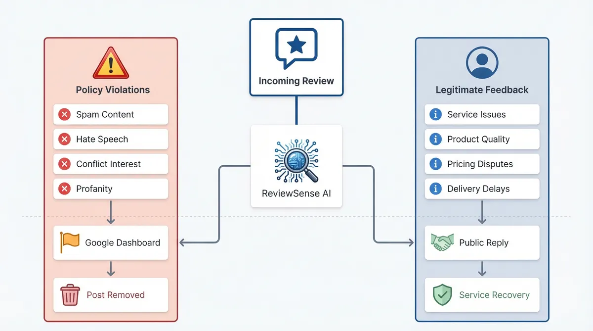 Comparison of flagged content versus managed feedback in Google reviews.