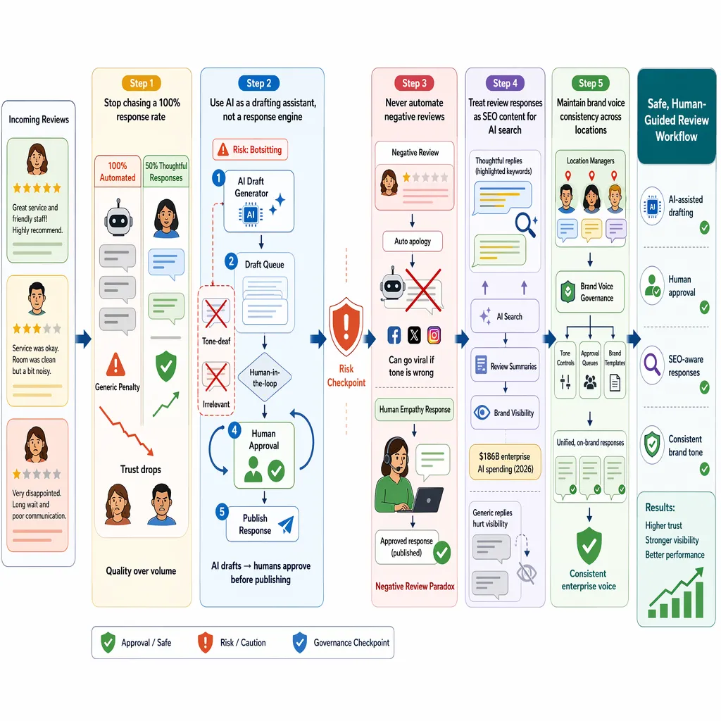 Feedback response workflow showing AI draft, human approval, and risk checkpoints.