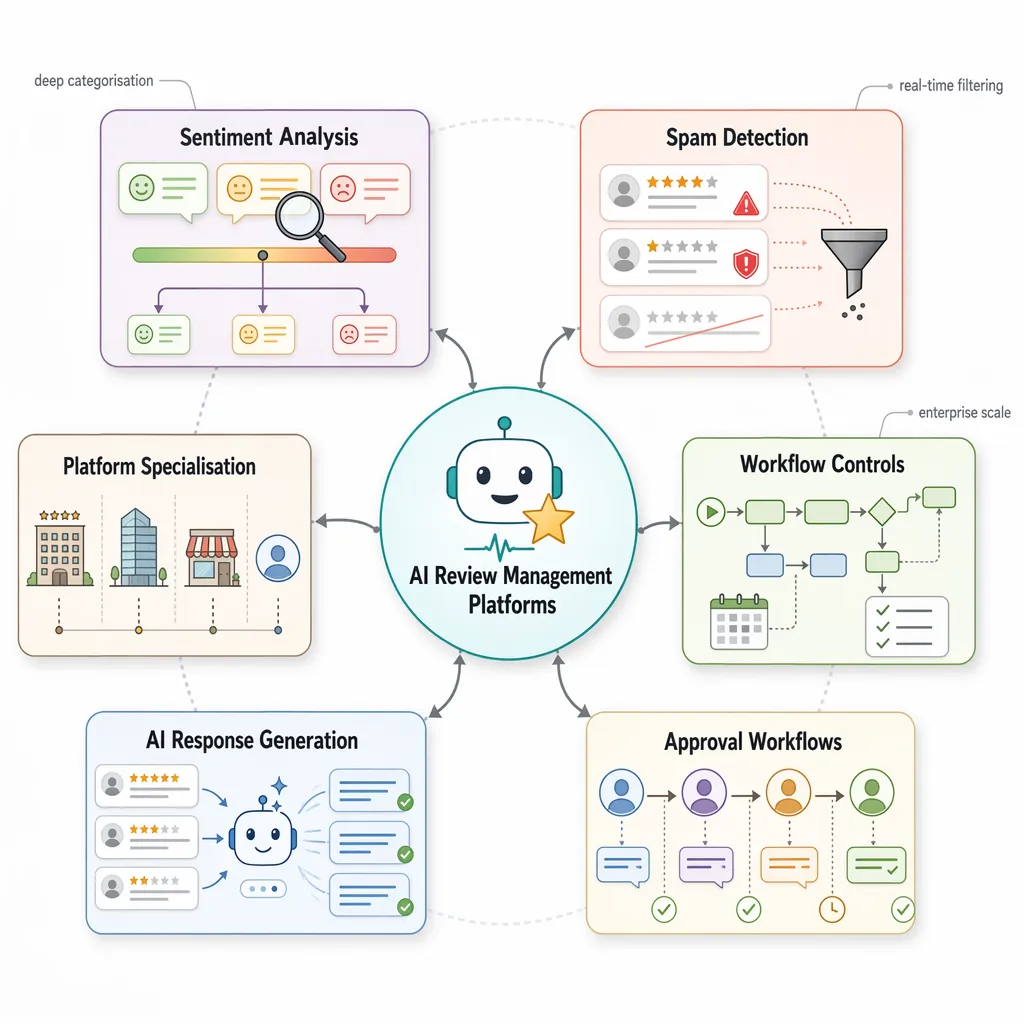 Sentiment matrix mapping platform strengths, spam control, and workflow scale across seven tools.