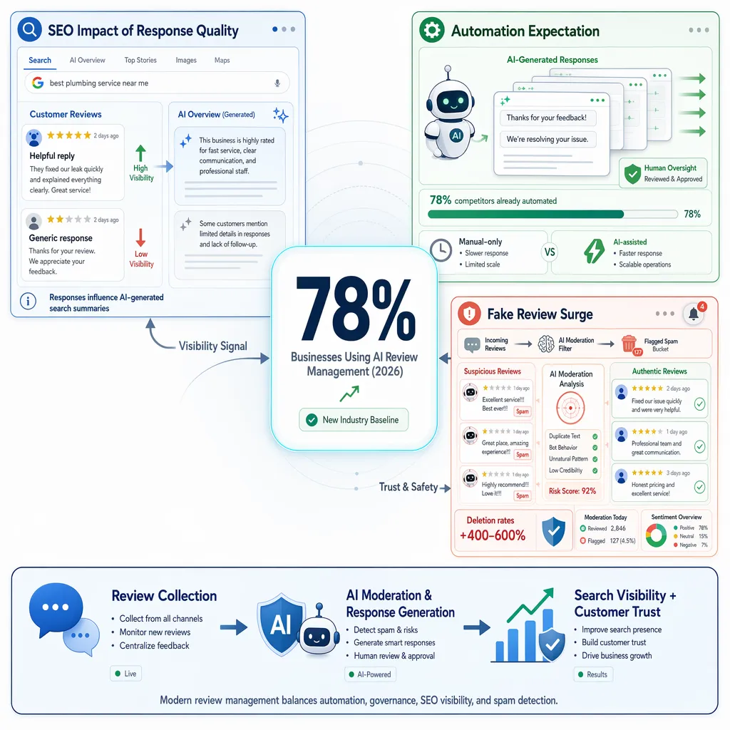 AI moderation dashboard showing trust signals, spam alerts, and automated reply quality.