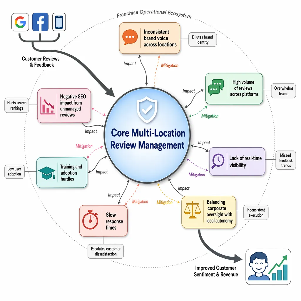 Outlet harmony map showing seven operational pain points affecting customer sentiment and revenue.