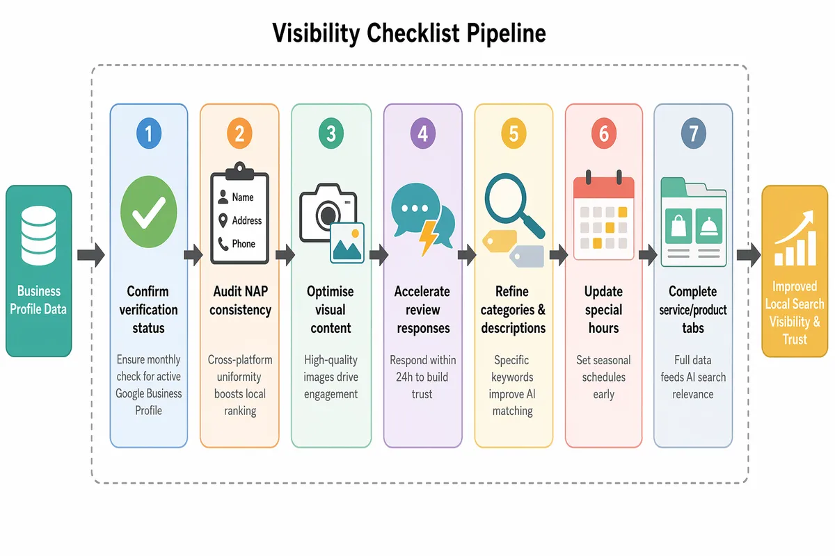 Visibility checklist showing seven audit steps to strengthen local search performance and trust.