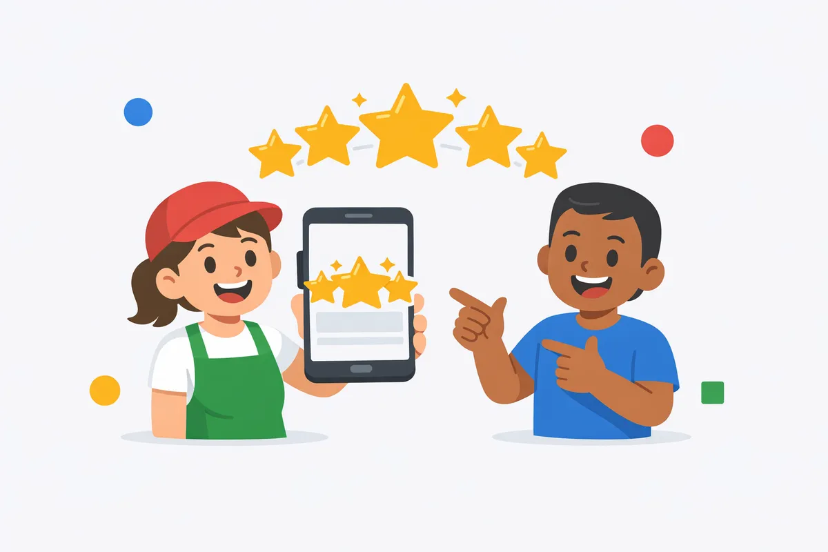 How to Get More 5-Star Google Reviews (Without Asking Awkwardly) Smartphone displaying five glowing gold stars next to a modern local business storefront window.