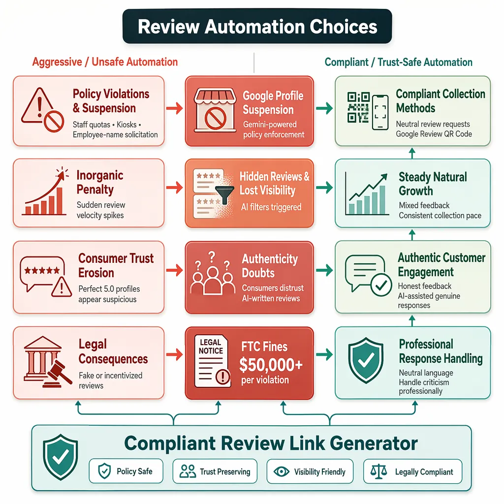 Risk safeguard map showing policy, trust, legal, and visibility consequences of poor automation choices.