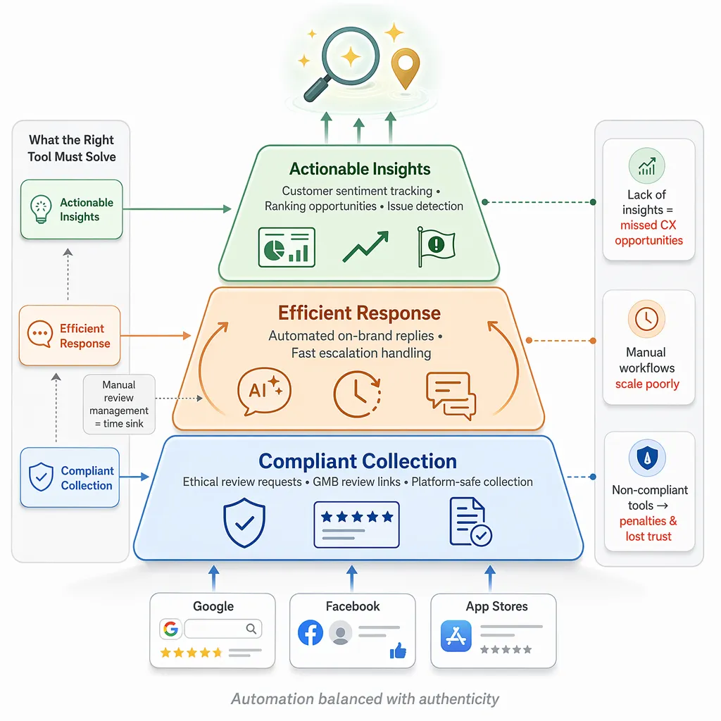 Framework showing compliant feedback collection, response workflow, and insight tracking for local discovery.