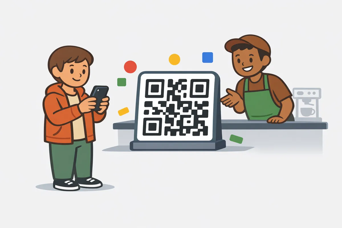 Google Review QR Codes and Review Links: The Complete Setup Guide Smartphone displaying a Google review QR code next to a local business storefront window.