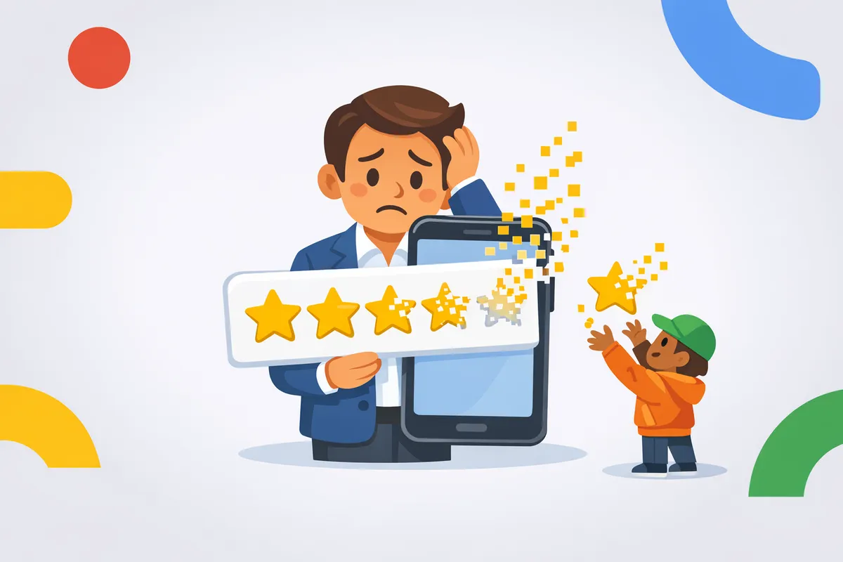 Google Reviews Disappearing in 2026? 5 Reasons and How to Stop It Smartphone displaying deleted Google business reviews alongside a warning sign about algorithm updates