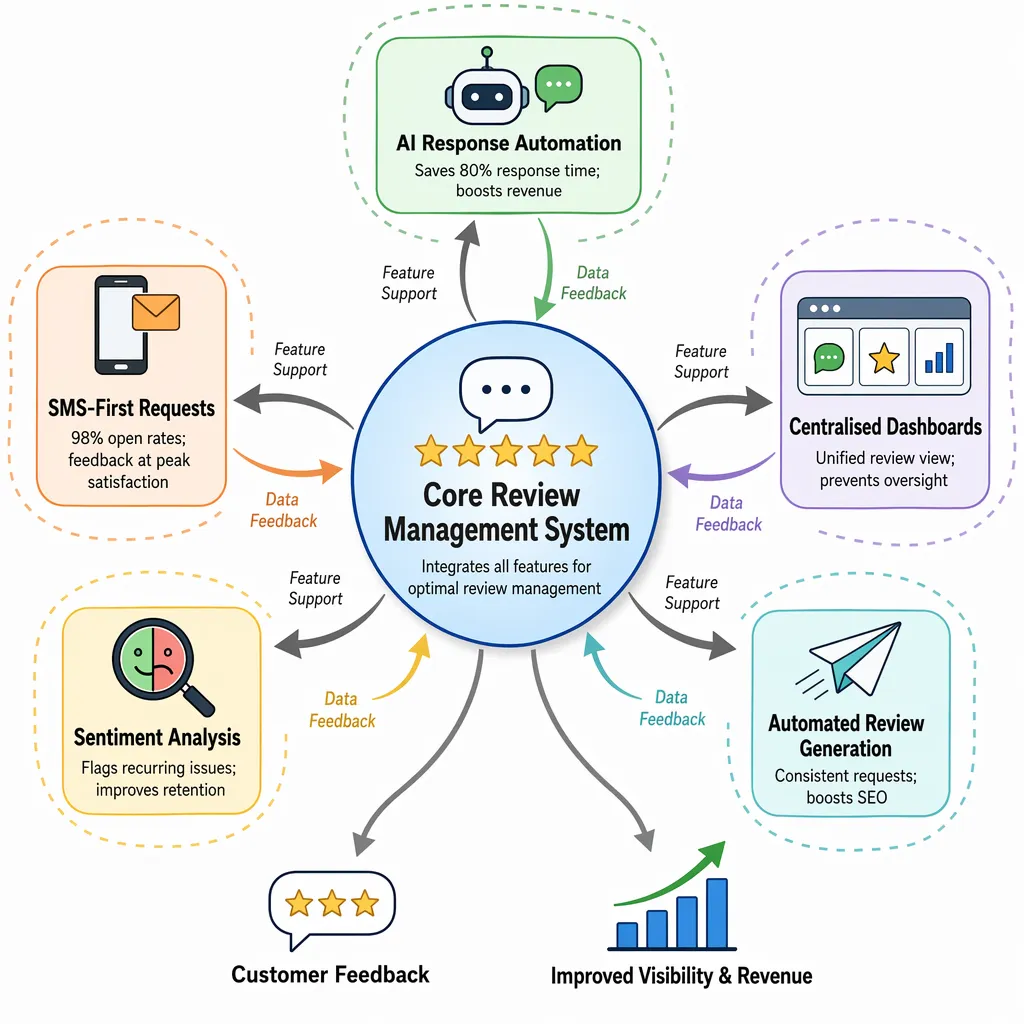 Feature matrix comparing AI automation, SMS requests, dashboards, sentiment, and request generation.