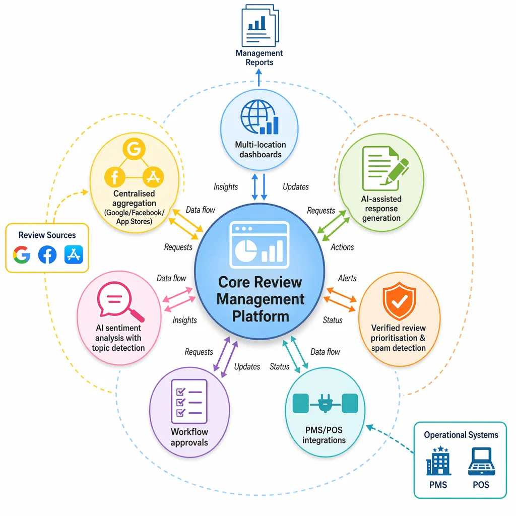 Feedback hub diagram showing centralised aggregation, AI analysis, responses, and operational integration.