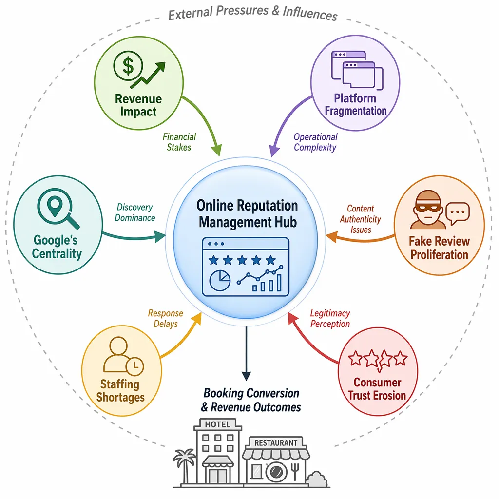 Reputation pressure map showing fragmented channels, fake content, staffing gaps, and revenue impact.