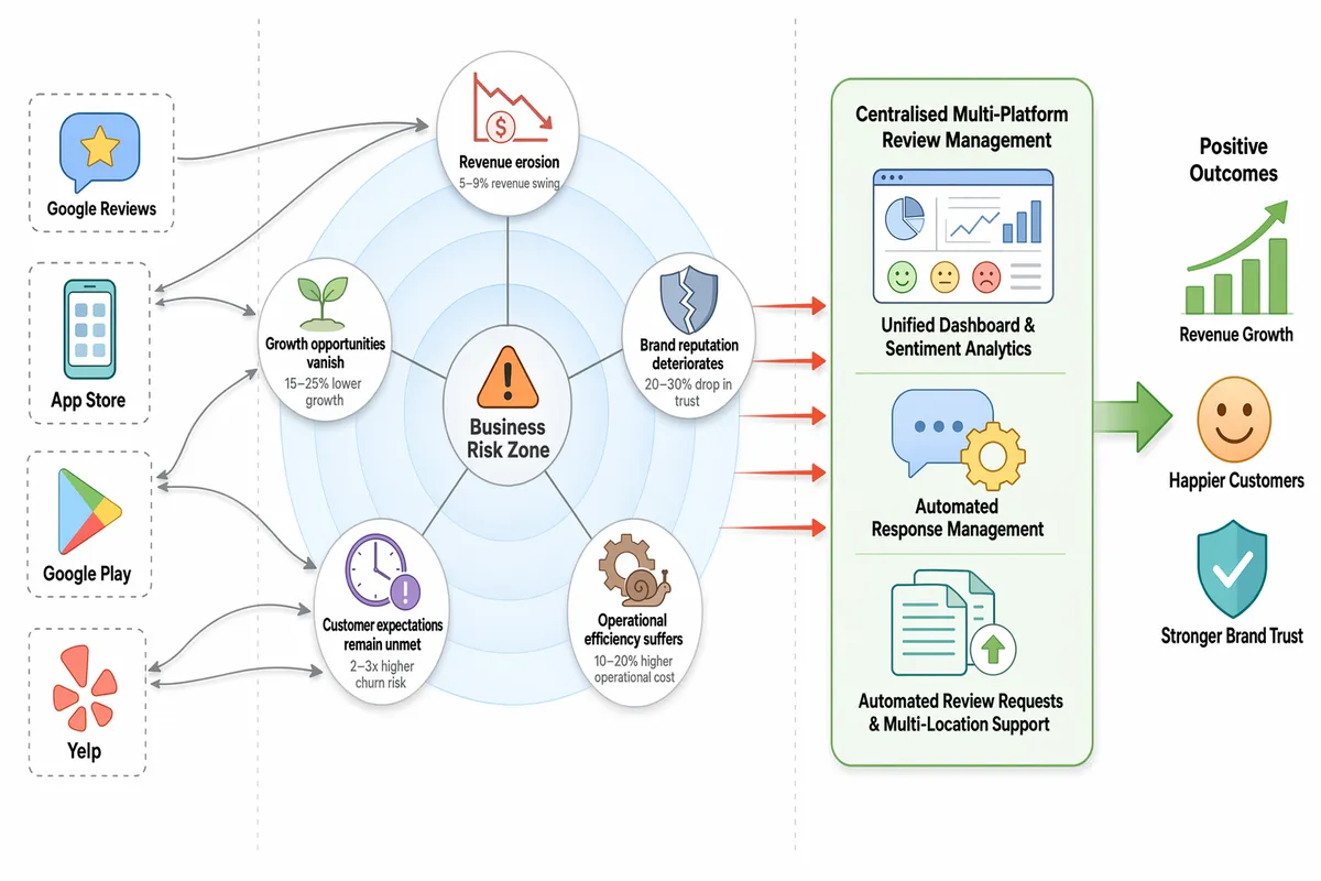 Sentiment radar showing fragmented feedback sources, risks, and central response hub.