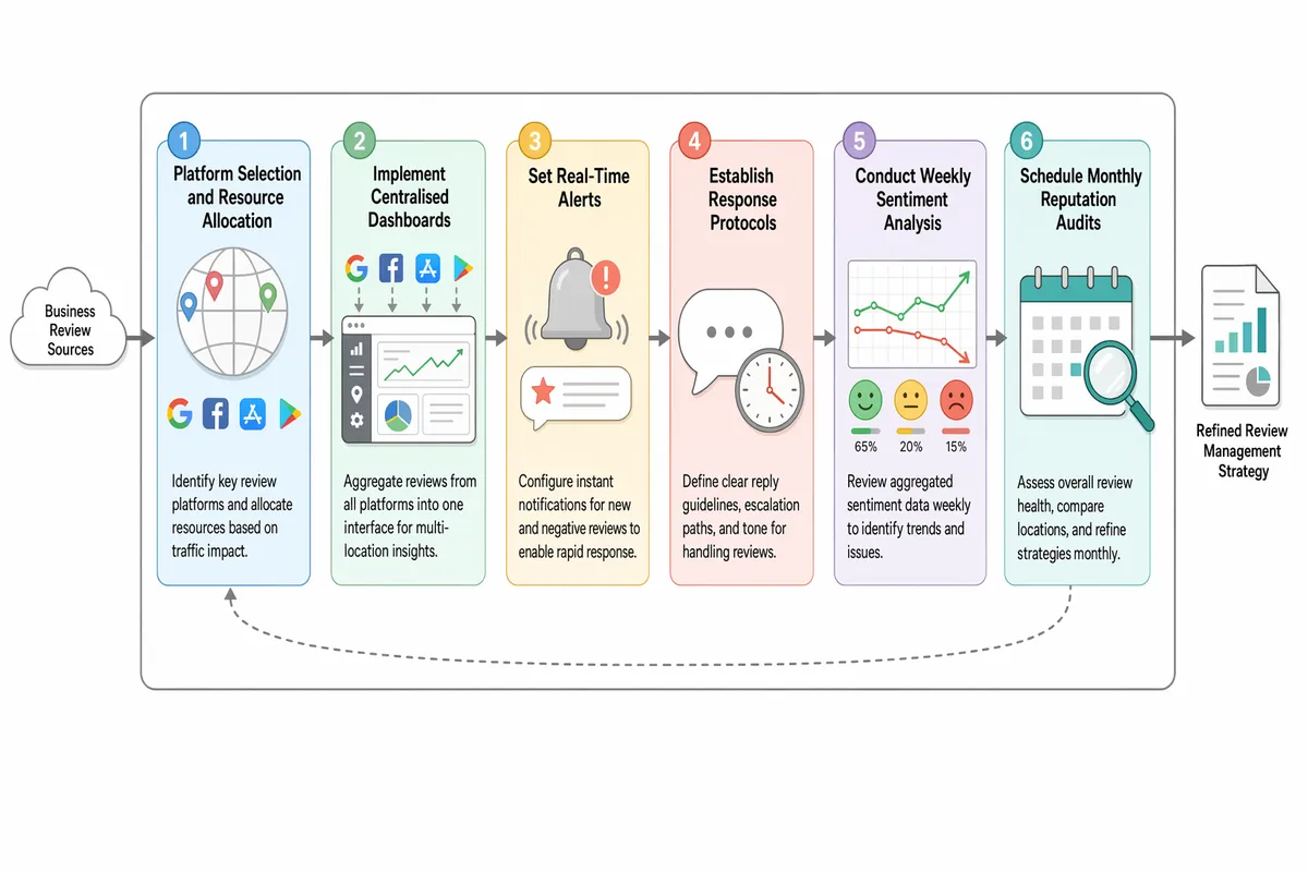 Framework diagram showing six-step feedback monitoring process from platform selection to monthly audits.