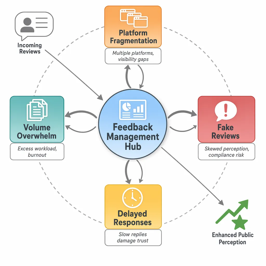 Feedback management map showing fragmented platforms, fake ratings, response delays, and volume overload.