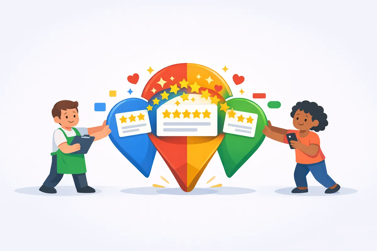Duplicate Google Business Profile? How to Merge Without Losing Reviews Two merging location pins representing the consolidation of a duplicate Google Business Profile safely.