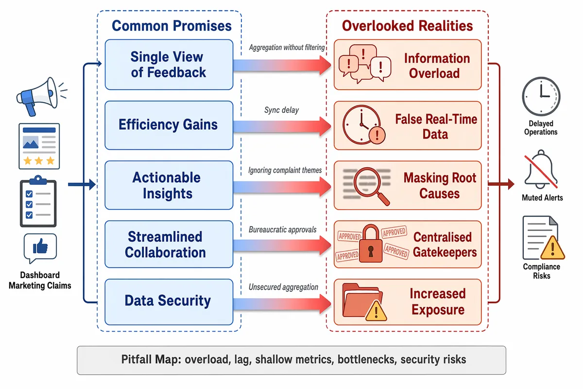 Pitfall map showing overload, lag, shallow metrics, bottlenecks, and security risks in dashboards.