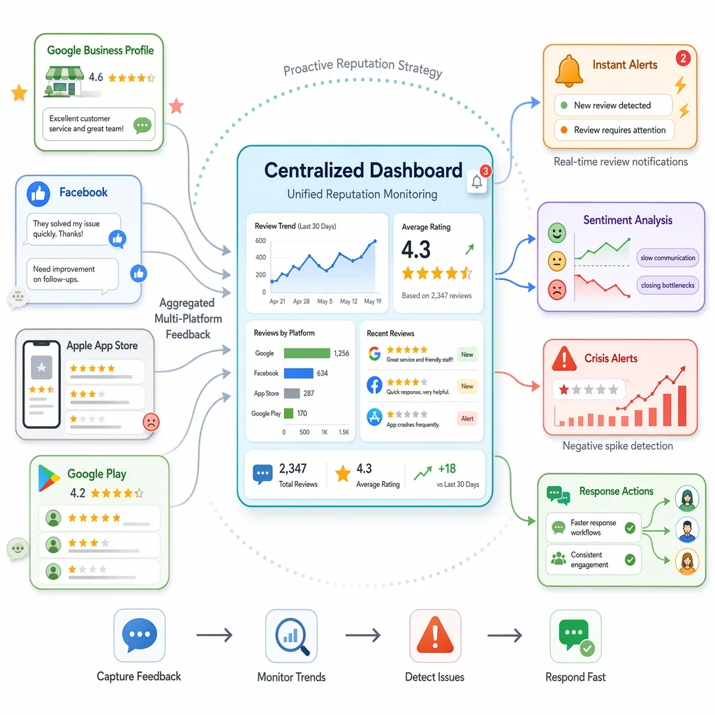 Central feedback hub showing scattered ratings, alerts, sentiment trends, and response actions.