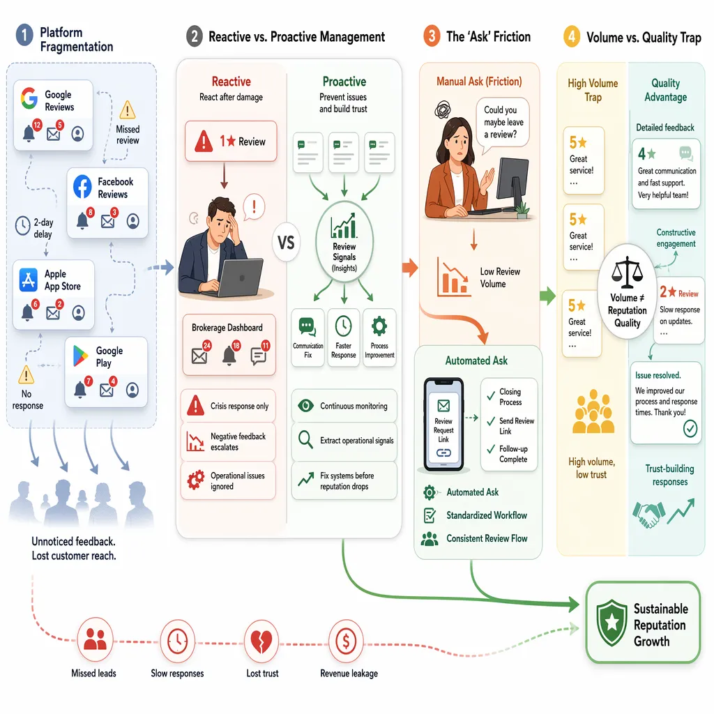 Reputation strategy diagram showing scattered feedback channels, delays, and lost opportunity points.