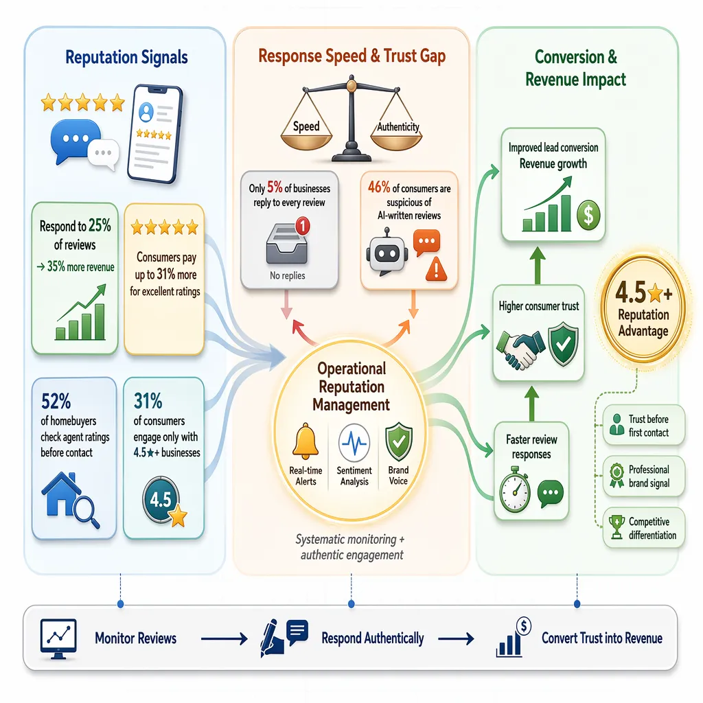 Trust gap framework showing reputation signals, response speed, and conversion impact.