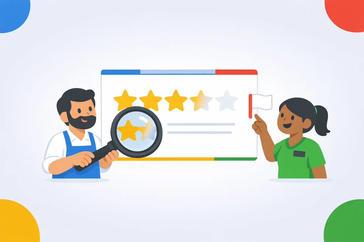 How to Report and Remove Fake Google Reviews (Step-by-Step) Red flag icon over a one-star Google review indicating fake customer feedback detection.