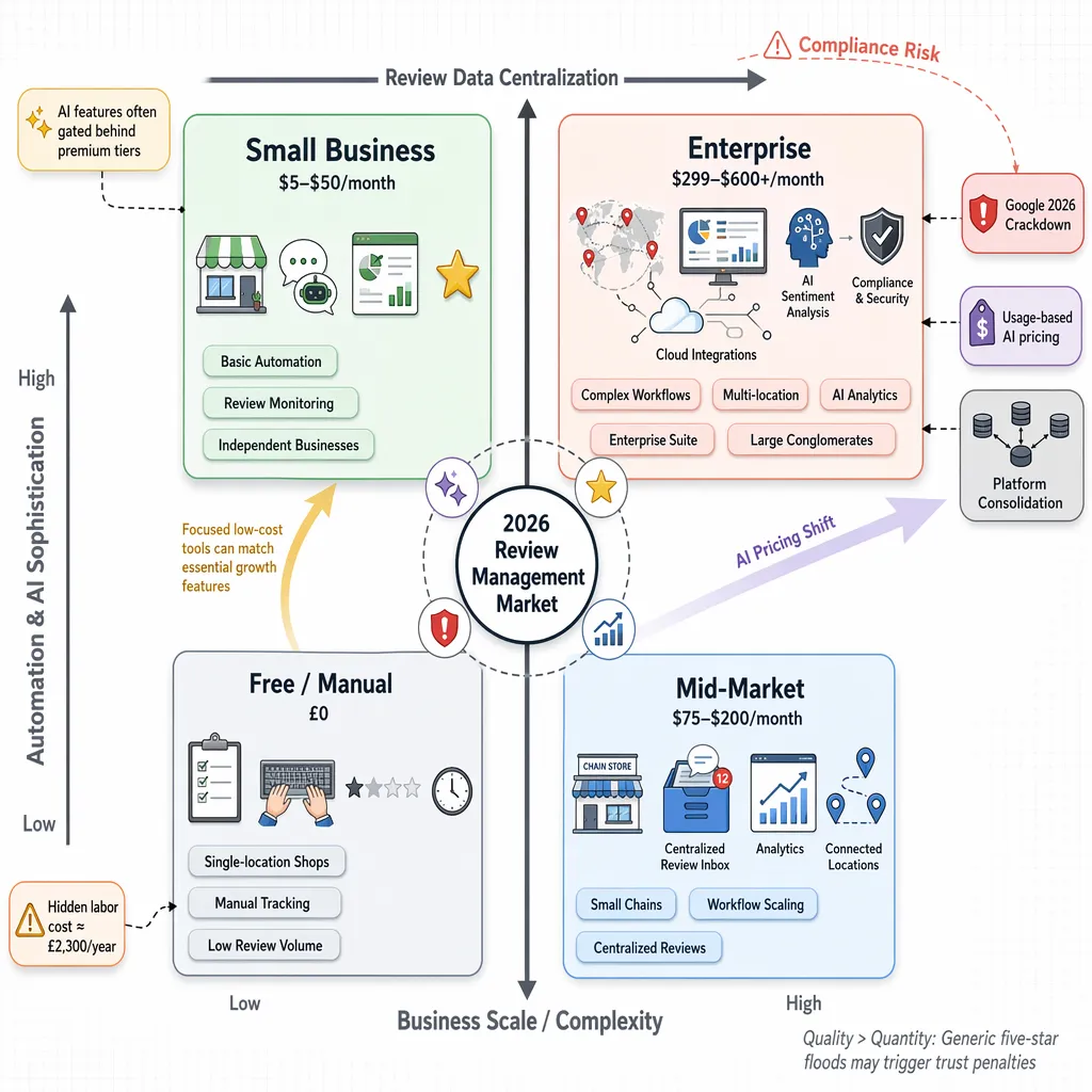 Market tiers showing pricing bands, consolidation risk, AI pricing shifts, and compliance traps.