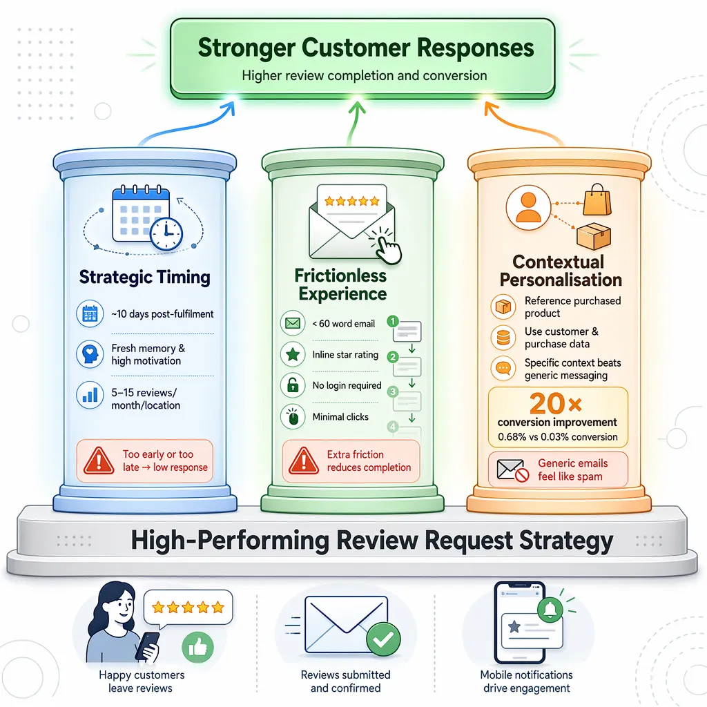 Pillar diagram showing timing, simplicity, and personalization driving stronger customer responses.