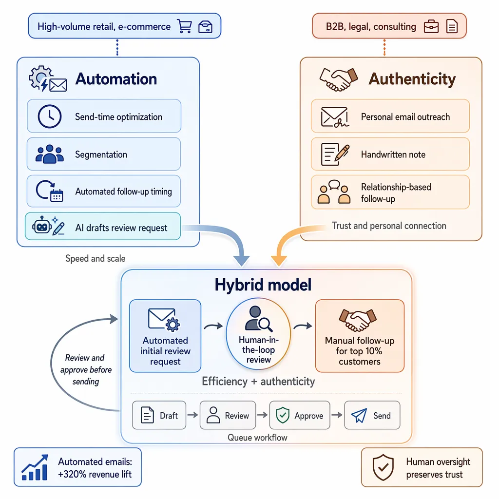 Human-centered workflow balancing automation and manual outreach for different customer types.