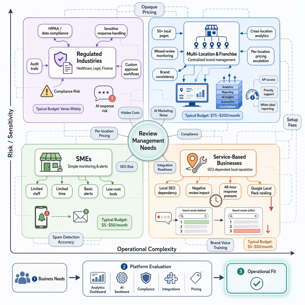 Decision maze showing hidden costs, compliance, and multi-site needs across businesses.