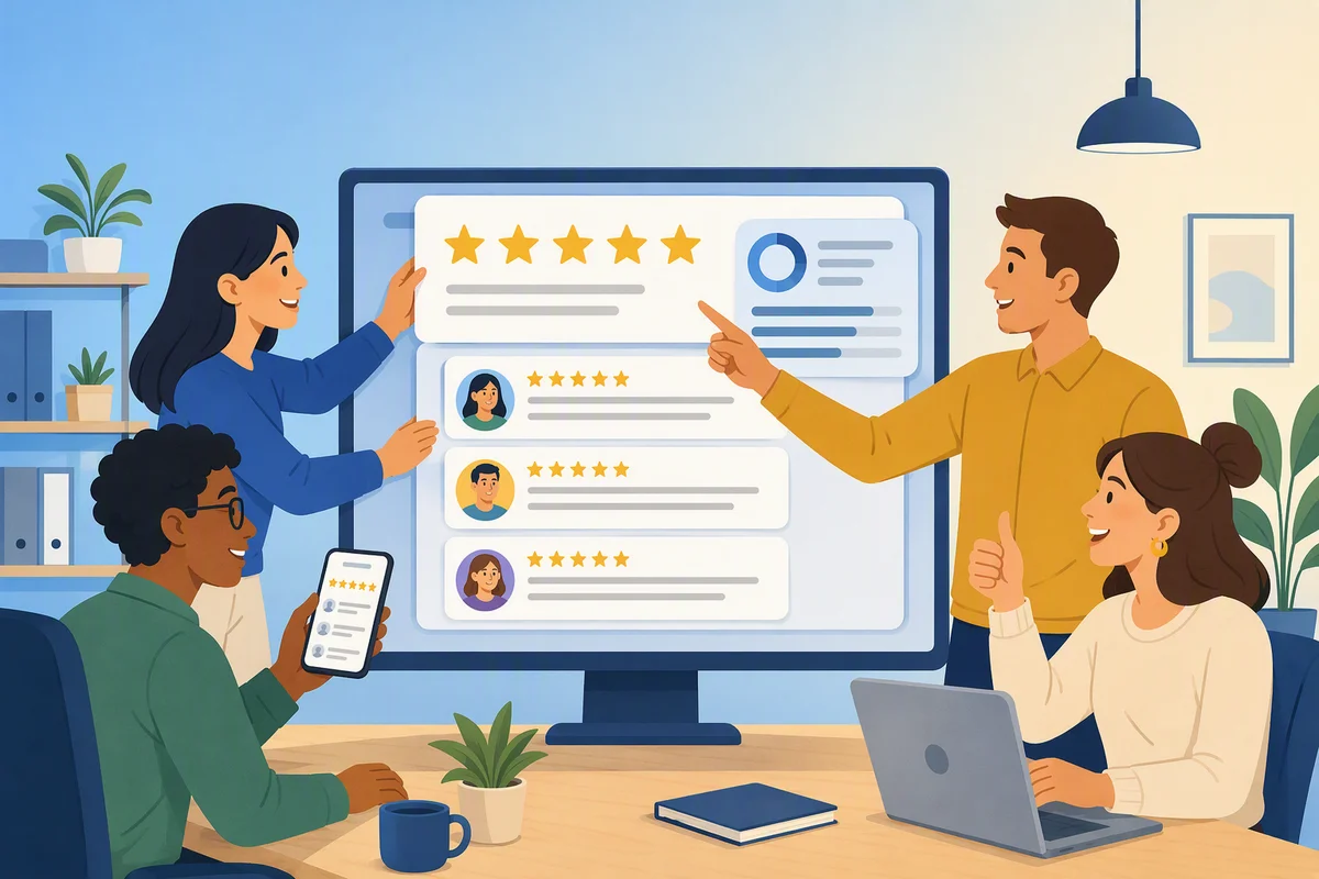 How to Add a Trustpilot Widget and Boost Conversions A team reviewing Trustpilot widget star ratings and customer reviews on a large screen.